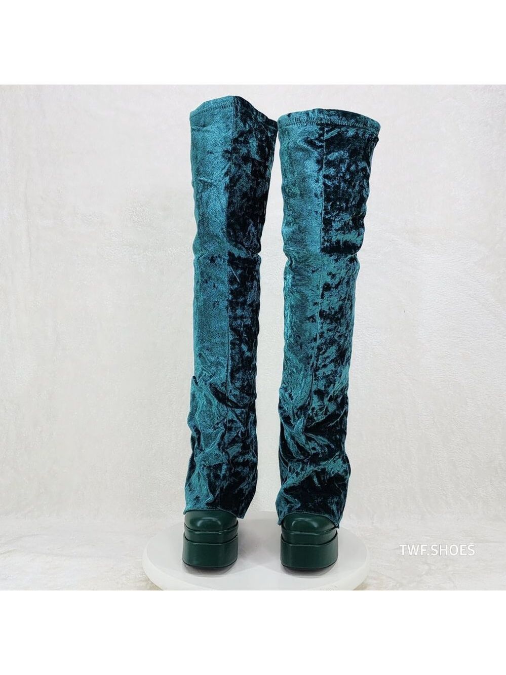 Good Will Unique Thigh High Emerald Velvet Fold over Chunky Heel Platform Boots - Picture 15 of 15